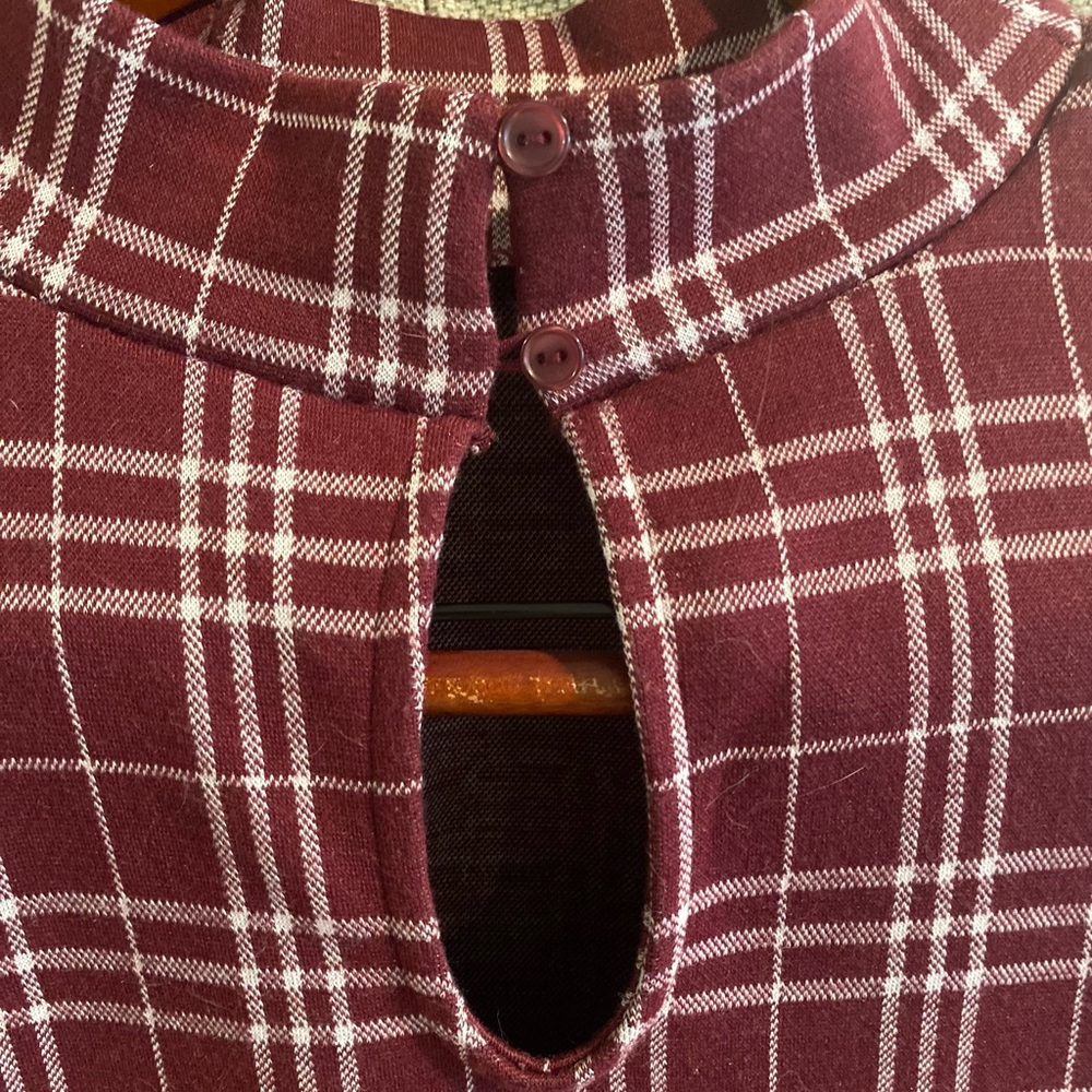 Modcloth Burgundy and White Plaid Mock-Neck Top - Picture 2 of 7